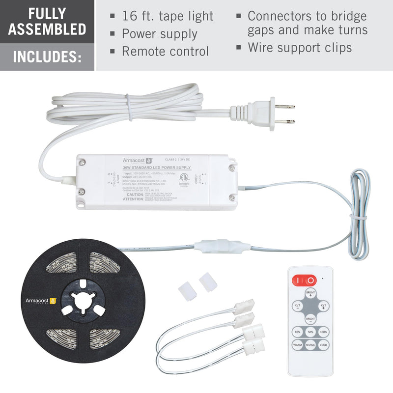 Armacost Lighting 421501 Ribbon Flex Home Tunable White LED Tape Light Kit with Remote, 16 ft 2700K-5000K (Tunable)