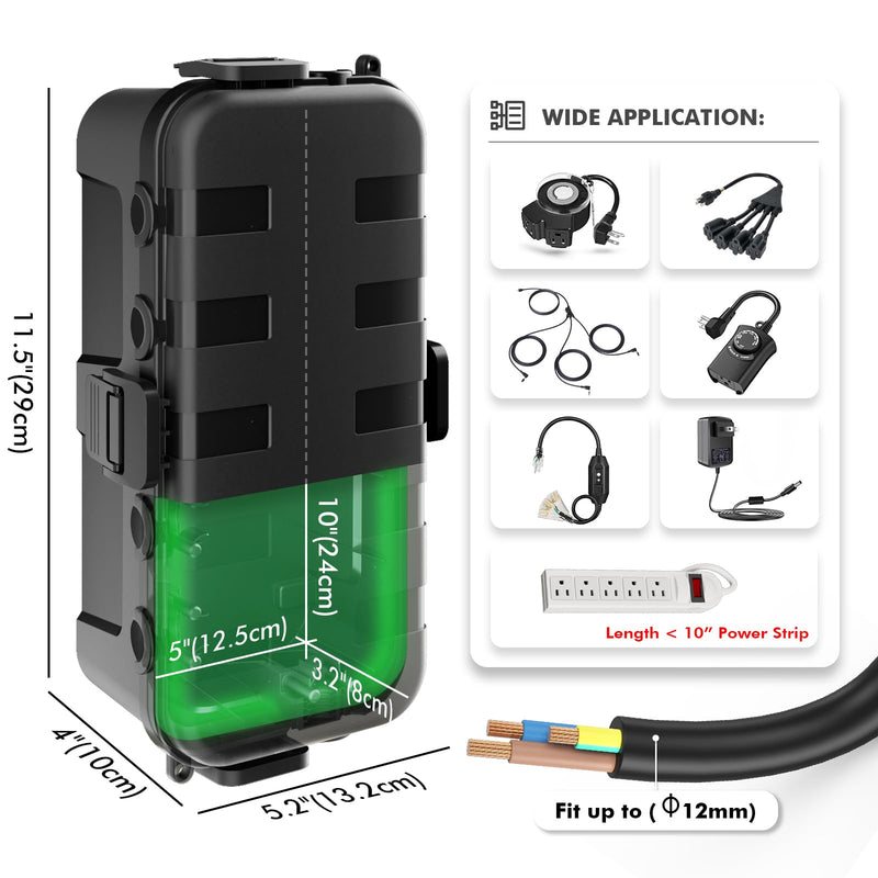 RESTMO Outdoor Electrical Box, IP54 Weatherproof Extension Cord Cover with 6 Cable Entry Ports, Waterproof Connection Box Protect Power Strip, Timer, Plug, Holiday Lights, (11.5x5.2x4 inch), Black 1 Pack