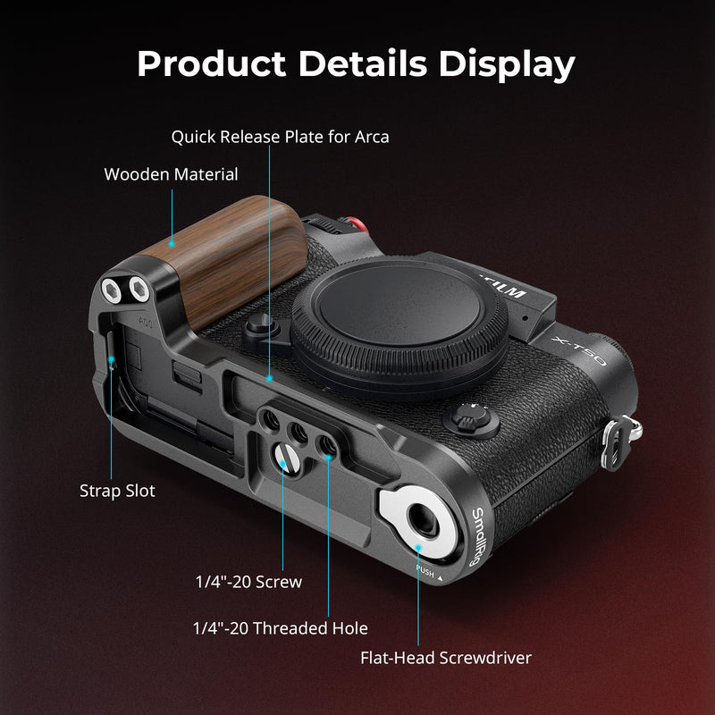SMALLRIG X-T50 Handgrip, Wooden L-Shape Grip for FUJIFILM X-T50 Camera, Built-in Quick Release Plate for Arca, with Shutter Button and Hot Shoe Cover, Black - 4784