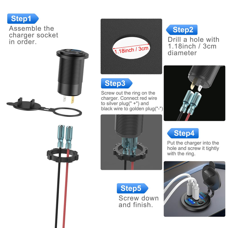 2 Pack 12V USB Outlet 4 Port Car Charger, 78W Super Fast Dual PD3.0 & QC3.0 Multiple USB Port for Car, USB C Cigarette Lighter Replacement 12 Volt Socket Waterproof for Marine Boat Motorcycle RV Golf pack of two
