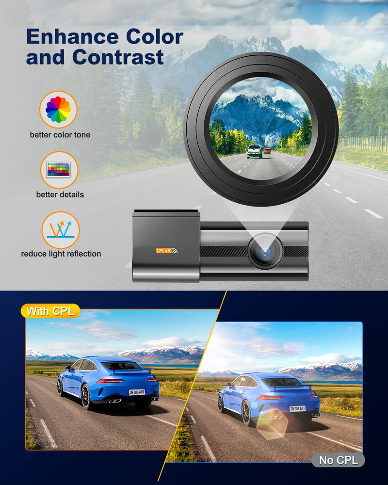 [AUSTRALIA] - Dash Cam Front 4K, Built-in 5GHz WiFi with CPL, Car Camera Dashcam with UHD 2160P, 64GB Card, 24H Parking Monitor, Super Night Vision, WDR, G-Sensor, App Control, 170° Wide Angle, Support 256GB Max 4K Front with CPL 