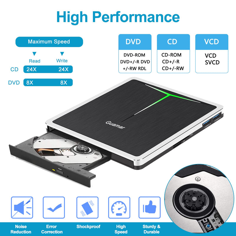 Guamar External DVD Drive for PC: USB-C CD Burner Player for Laptop Mac Windows 11 with SD/TF Slot/2 USB Ports/Carrying Case Read Write Music/Movie/Photo Portable Plug & Play Silver