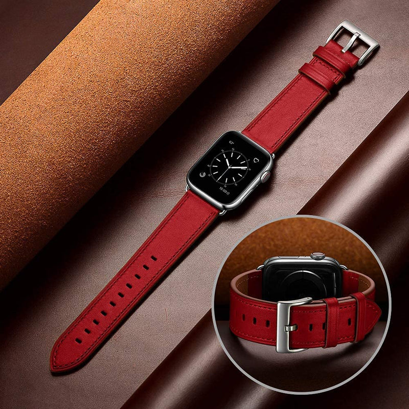 OUHENG Compatible with Apple Watch Band Genuine Leather Replacement Strap 41mm 40mm 38mm Black & Red