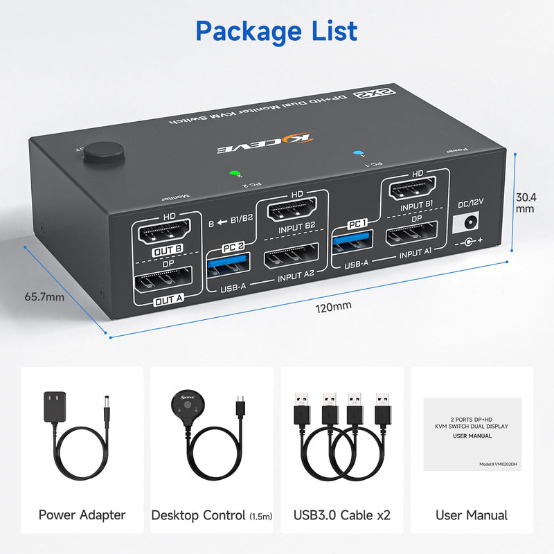 HDMI+2 DisplayPort KVM Switch 3 Monitors 2 Computers 8K@60Hz 4K@144Hz, Triple Monitor KVM Switch with 4 USB3.0 Port for Keyboard Mouse Printer, 1*HDMI+2*DP+2*USB Cables and Wired Controller Included black Dual Monitor KVM Switch 2PC