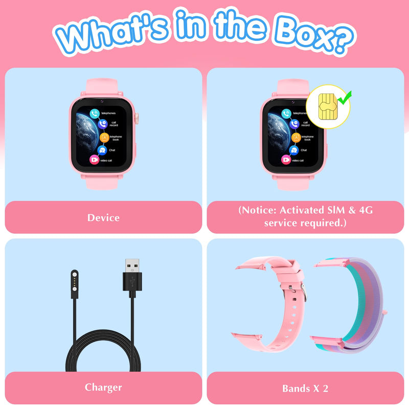 Kids Smart Watch 4G with GPS Tracker for Boys Girls, Smartwatch for Kids Vioce Video Call SOS for Children 4-12 Bithday Gift Pink
