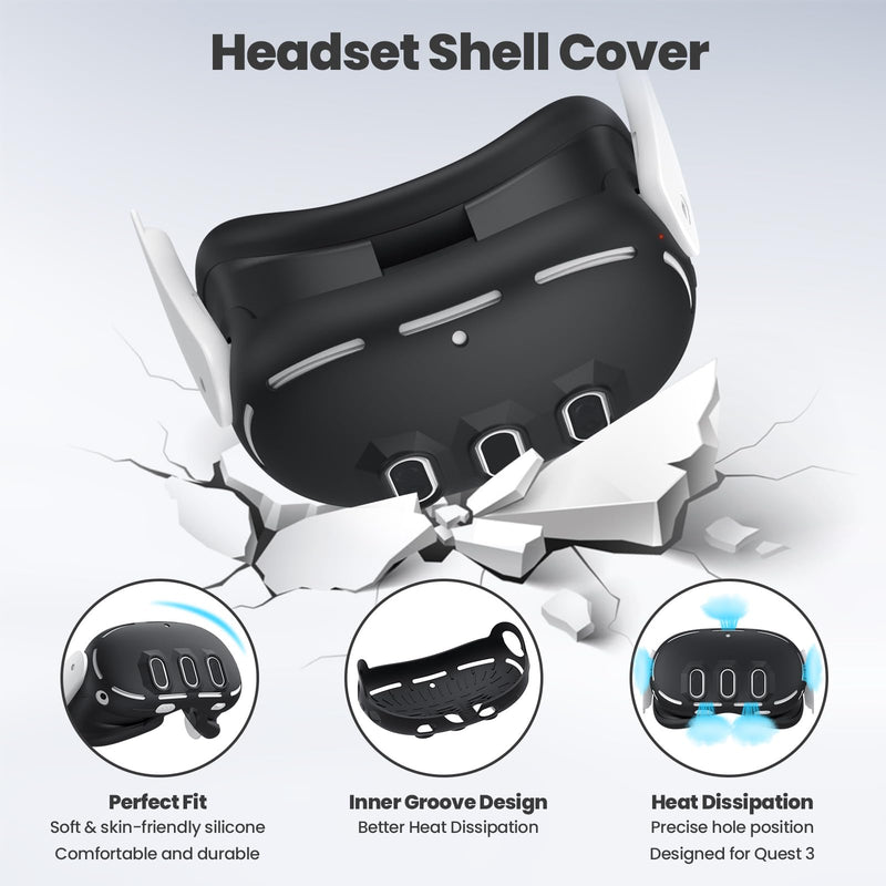 Silicone Cover Compatible with Meta/Oculus Quest 3 Accessories, VR Silicone Face Cover, VR Shell Cover,Touch Controller Grip Case,Camera Lens Protector Set (Black) Black