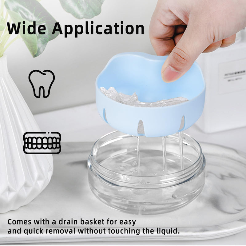 Leak Proof Denture Cup Kit Portable Retainer Case Perfect for Travel, Denture Case Container Cleaning Care for Dentures Aligner Mouth Guard with Denture Brush,Strainer, Removal Tool and Mirror Blue