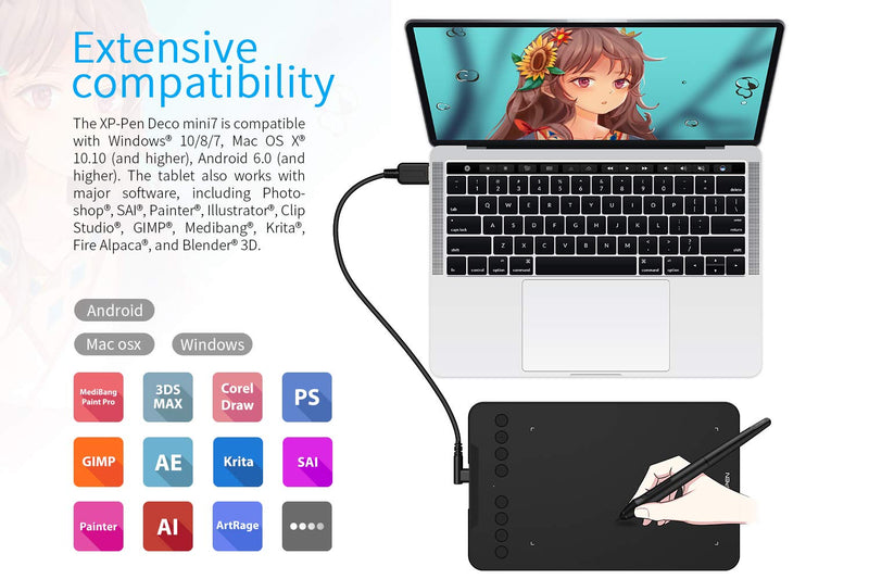 XP-PEN Deco Mini7 Graphics Tablet 7 x 4 Inch Pen Tablet with Tilt Support Passive Pen and 8 Customizable Shortcut Keys Drawing Tablet Compatible with Chromebook for Online Teaching/E-Learning Medium Wire