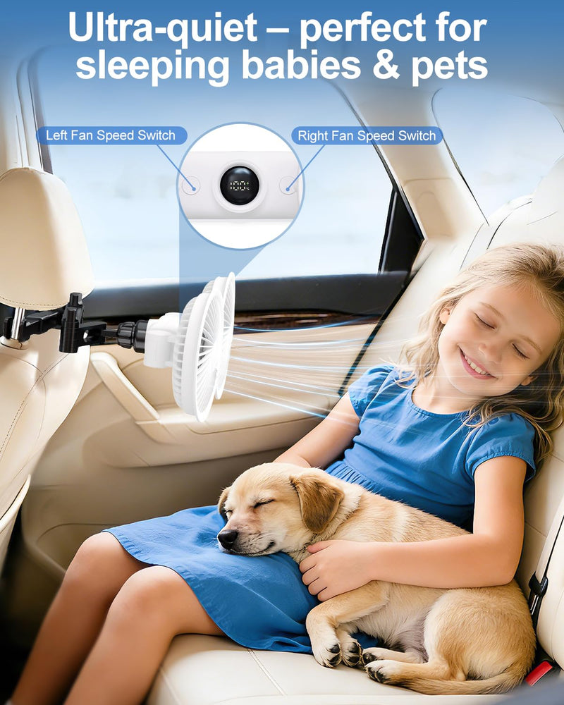 Car fan for Backseat Kids, Rechargeable Battery Powered USB Fans for Car with LED Display, Powerful 3 Speeds 360° Rotation Headrest Dual Head Cooling Car Seat Fan for Baby Rear Facing for SUV Truck