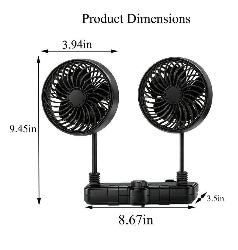3000mAh Rechargeable Car Seat Fan, Dual Head 360° Flexible Headrest Fan for Car Backseat, Quiet USB Vehicle Cooling Fan with Storage Hooks for Rear Facing, Pets, SUV