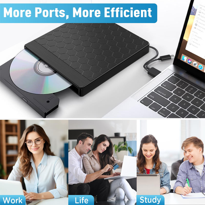 External CD/DVD Drive for Laptop, CD Burner with 2 USB Ports &TF/SD Card Slots, DVD Player for Laptop, USB 3.0 DVD Drive External CD Reader Compatible with Laptop Desktop PC Windows 11/10/8.1/7 Mac black