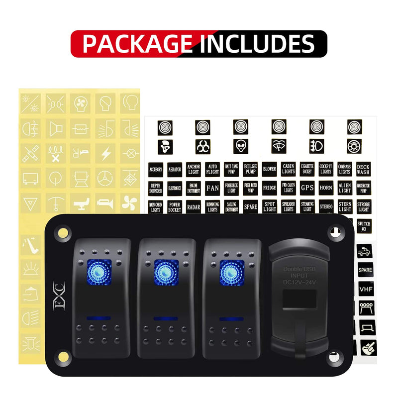 Purishion 3 Gang Rocker Switch Aluminum Panel with Voltmeter & Dual USB(4.8 Amps) Fast Charging, Blue Backlit Led, Pre-Wired IP65 Waterproof for Marine, Boat, Car, Truck, Polaris, Jeep (Blue)