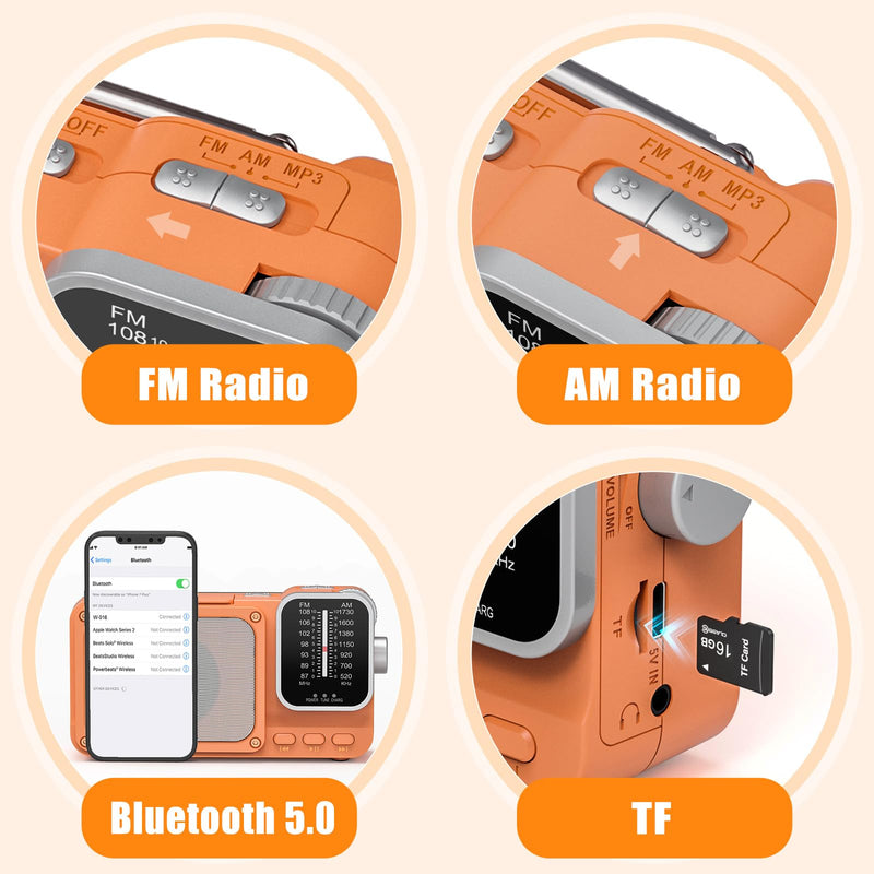 Goodes Portable Radio AM FM with Best Reception, Bluetooth Transistor Radios with TF Card Slot, LED Light and Headphone Jack, AC Power or Battery Operated, Emergency Radio for Home Kitchen Outdoor