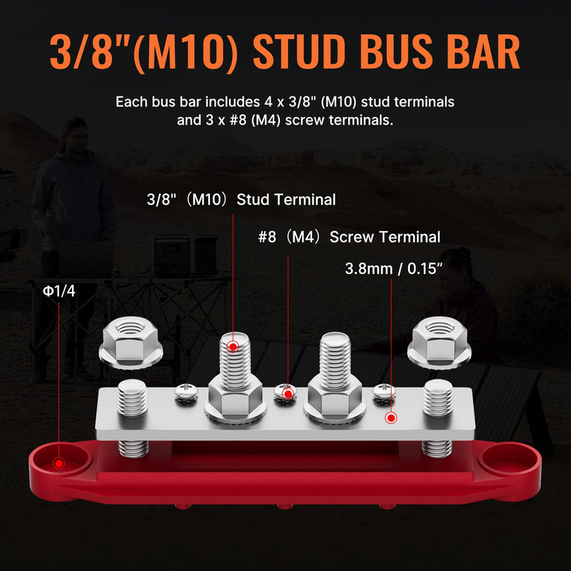 Joinfworld 250A 12V Bus Bar 3/8" Power Distribution Block 4 Studs Junction Block Automotive Marine Battery Busbar Terminal Block 12 Volt with Cover - Negative&Positive 3/8"