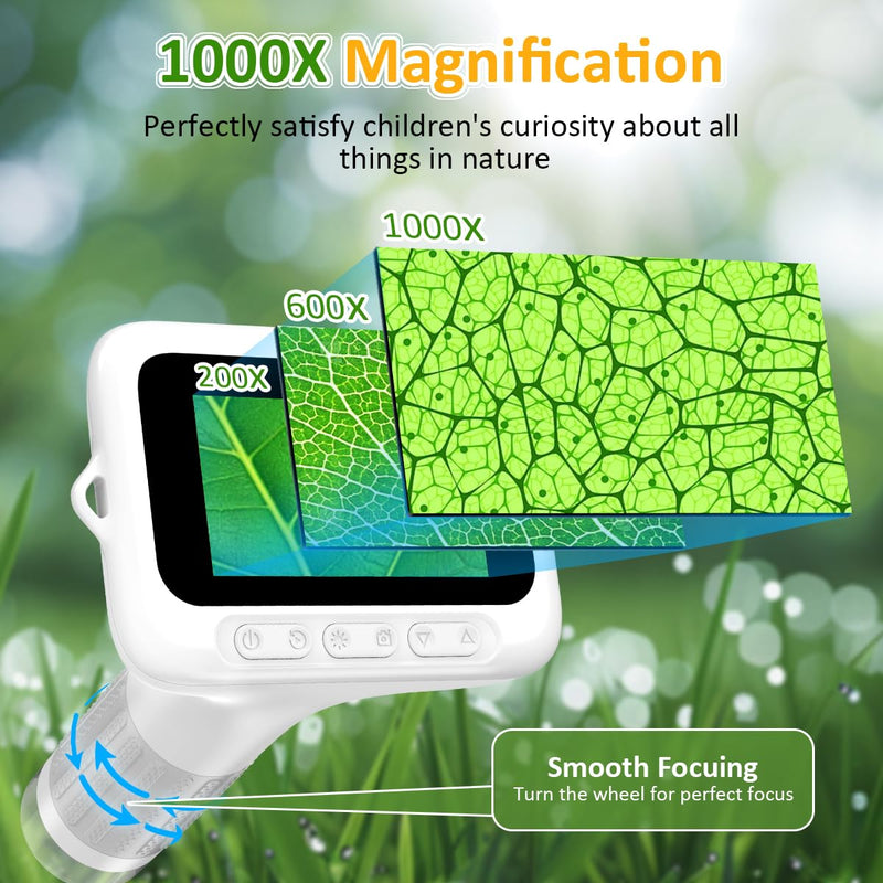 [AUSTRALIA] - 1000X Handheld Microscope for Kids, 3'' Digital Kids Microscope with Adjustable Light, Easter Pocket Portable Micro Scope, Stem Toys for Ages 5-7 8-12 Teen Boys and Girls Educational Gifts, White 3-inch 