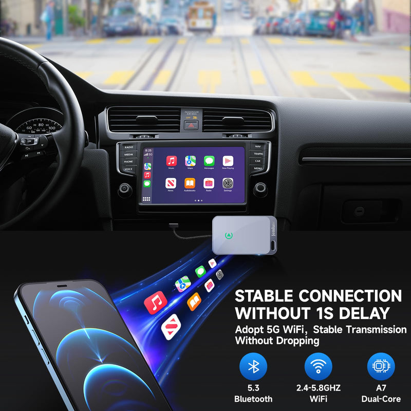 Jemluse Wireless CarPlay Adapter for Apple iPhone - Multi-User Seamless Connection for Convert Wired to Wireless Car Play Adapter - No Latency from iOS 10+ to Screen w/USB C (All Silver) All Silver