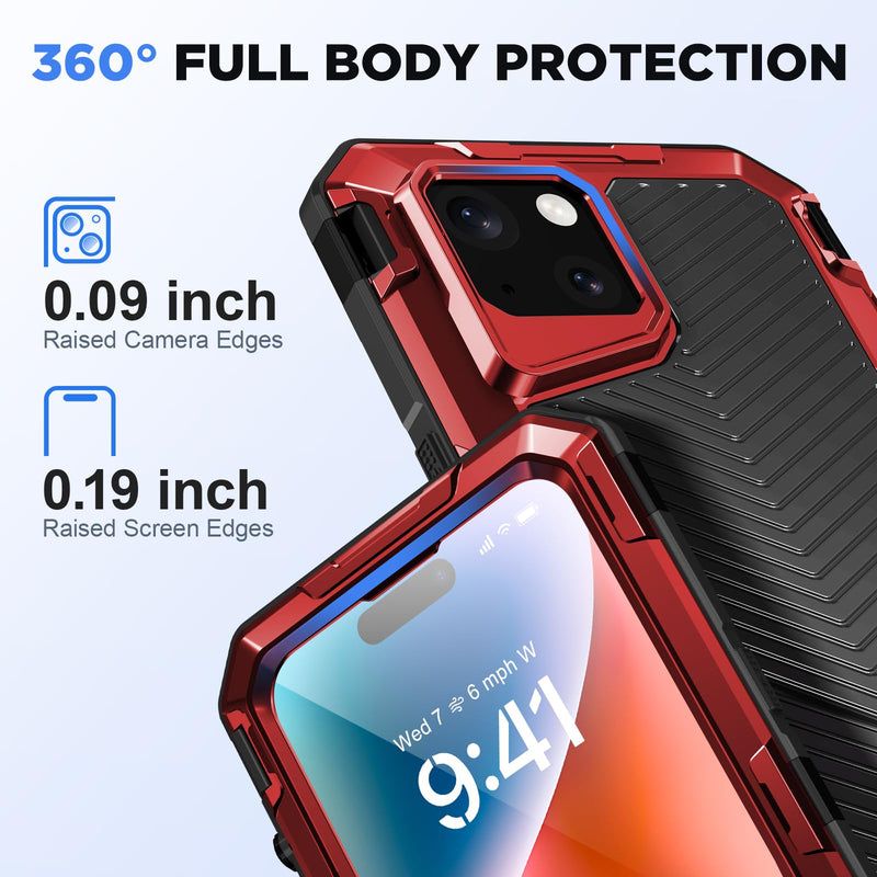 Beasyjoy for iPhone 14 Waterproof Case, Metal Heavy Duty Case with Built-in Tempered Glass Screen Protector, Military Grade Shockproof Full Body Protection, Rugged Phone Case for iPhone 14, Red Red-Mag