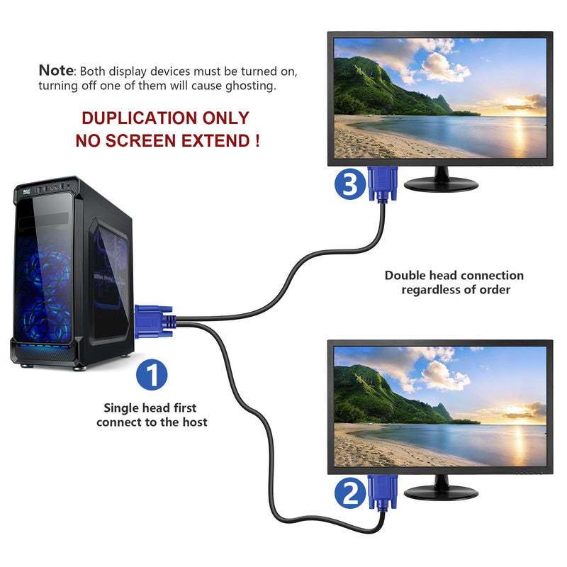 PASOW VGA Splitter Cable Dual Monitor Y Adapter Video Cord 1 Male to 2 Male Screen Duplication Support 1080P Full HD for projectors, HDTVs, Monitors (5ft) 5ft