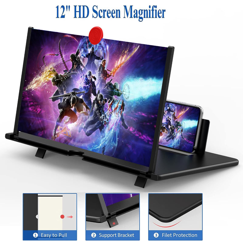 12" Screen Magnifier for Cell Phone,3D Magnifying Projector Screen Enlarger Expander for Movies, Videos, and Gaming, Foldable Phone Stand with Screen Amplifier, Compatible with All Smartphones Black-12inch