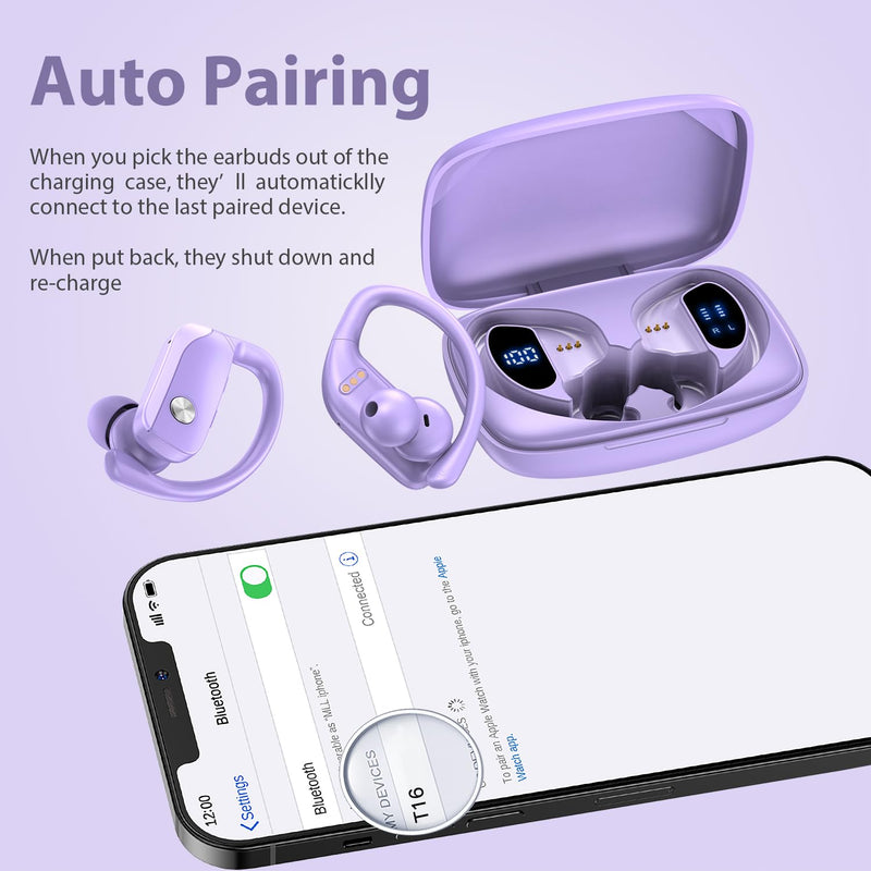 bmani 2 Sets Wireless Earbuds Bluetooth Headphones 48hrs Play Back Sport Earphones with LED Display Over-Ear Buds with Earhooks Built-in Mic Headset for Workout Black + Purple