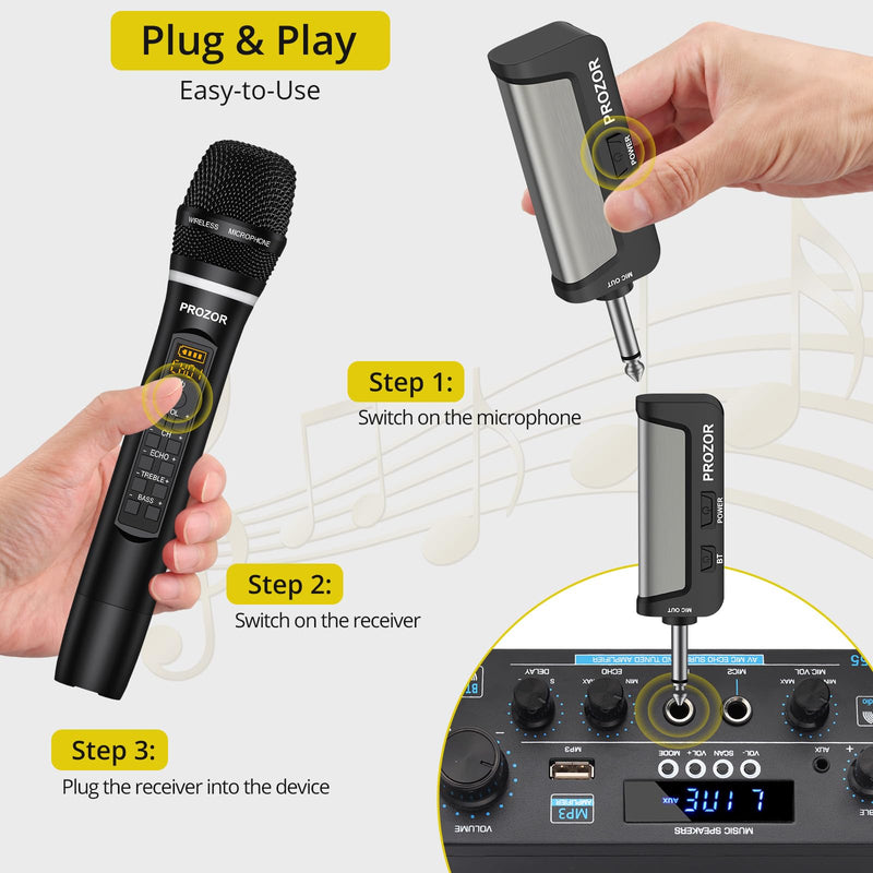 PROZOR UHF Wireless Microphone with Volume Treble Bass Echo Control, Wireless Rechargeable Mic Dual Handheld Dynamic Mic System with Rechargeable Receiver, for Karaoke Machines, DJ, Church, Weddings Rechargeable Portable Bluetooth UHF Mic – Echo Control
