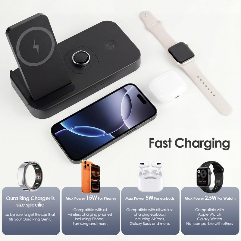 4 in 1 Fast Charging Station for Oura Ring Gen3 Charger, Charger for iPhone17/16/15/14/13/12, Apple Watch, AirPods, Samsung Galaxy S25/S24/S23/S22/S21, Galaxy Watch Buds (Size 7) Size 7