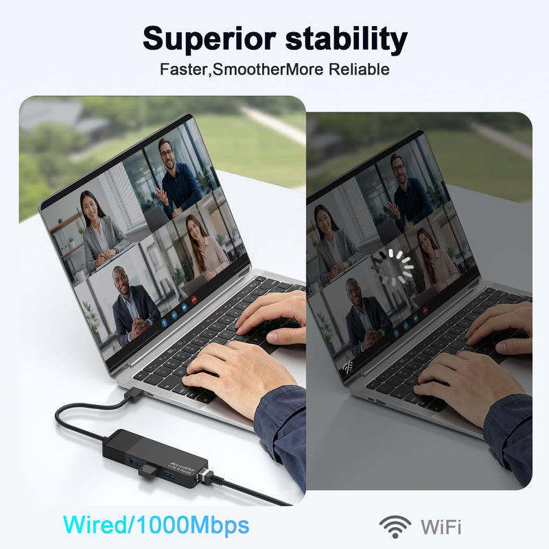 USB to Ethernet Adapter, 3xUSB 3.0 and 1000M RJ45 Network Hub for Laptop | 4-in-1 USB A Hub (Gigabit RJ45 & 3 USB-A ports) Plug & Play for Laptop/PC/MacBook/Surface/Dell XPS, Windows/Mac/Chrome OS 0.95FT -4 in 1 USB A to Ethernet Adapte