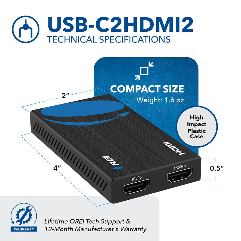 OREI SplitExtend HDMI Splitter Extended Display for Dual Monitor - 4K@30Hz | HDMI Splitter for Dual Monitors USB-A & USB-C to 2 HDMI Displays – 4K@30Hz + 1080p Output – Compatible with Windows & Mac 1x2 SplitExtend