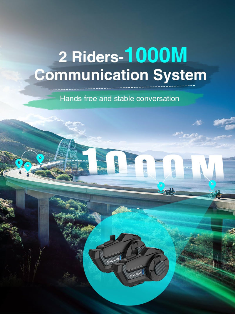 Moman Motorcycle Intercom, 2-Way Intercom Communication Systems(H2Pro 1pcs) | FM Music Sharing, Hi-Fi Stereo, CVC Noise Cancellation, Waterproof BT5.1 Group Helmet Speaker Headset, for Dirt Bike/ATV 1 Pcs