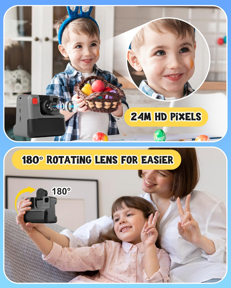 Kids Camera Instant Print, Christmas Birthday Gifts for Toddle Girls Boys Age 3-12, 24MP & 1080P Selfie Digital Camera with 3 Roll No-Ink Print Paper 32G SD Card - Black