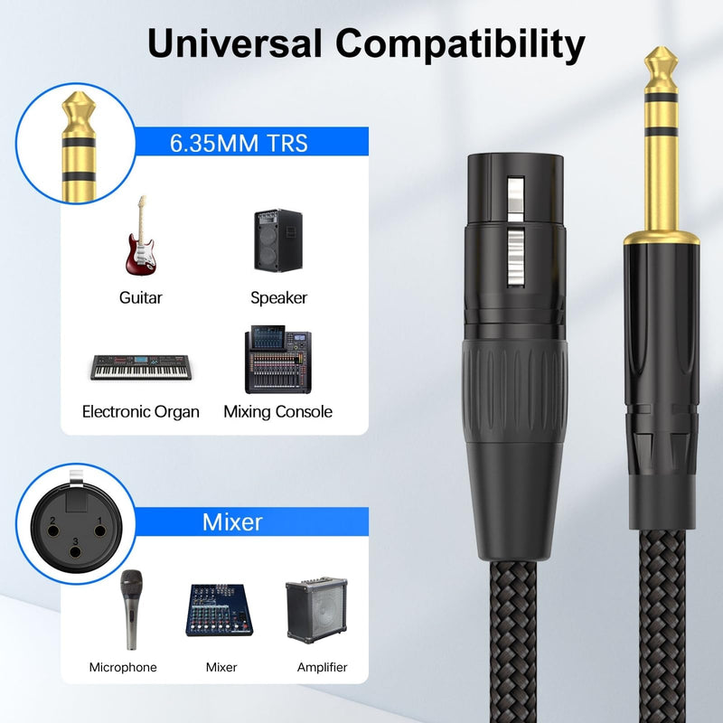 HOSONGIN XLR Female to 1/4 TRS Male Balanced Cable, 6.35mm Balanced Stereo Jack Cable with 3-Pin Connector, Nylon Braided for Live Sound, Electronic Organ, Mixers Studio Gear, 10 Feet 1-Pack Black