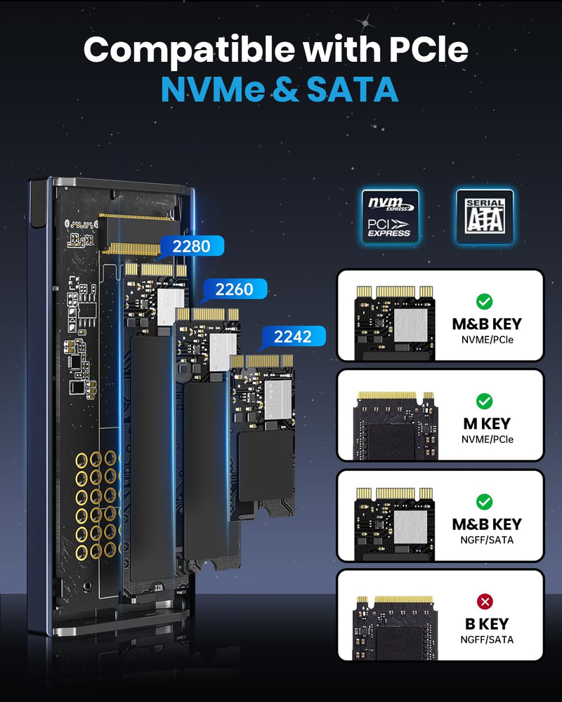 M.2 NVMe SATA SSD Enclosure Adapter Aluminum, 10Gbps USB 3.2 Gen 2 to NVME PCIe SATA M-Key/(B+M) Key, Tool Free External M.2 SSD Case Support UASP Trim for NVME/SATA SSDs 2242/2260/2280(Up to 8TB)