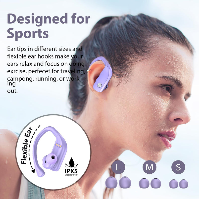 bmani 2 Sets Wireless Earbuds Bluetooth Headphones 48hrs Play Back Sport Earphones with LED Display Over-Ear Buds with Earhooks Built-in Mic Headset for Workout Black + Purple