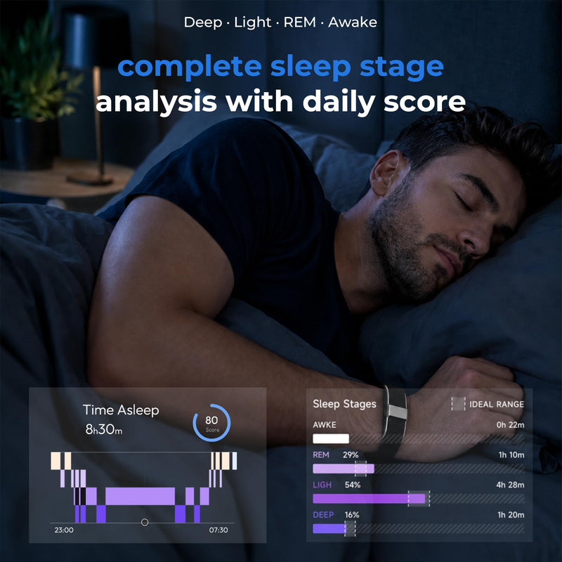 VOCOSTE Screenless Fitness Tracker with Heart Rate, Sleep Tracking | Personalized AI Insights Coaching, Free App, Ad-free, 7 Days Battery, IP68 Waterproof, Works with iOS&Android Black