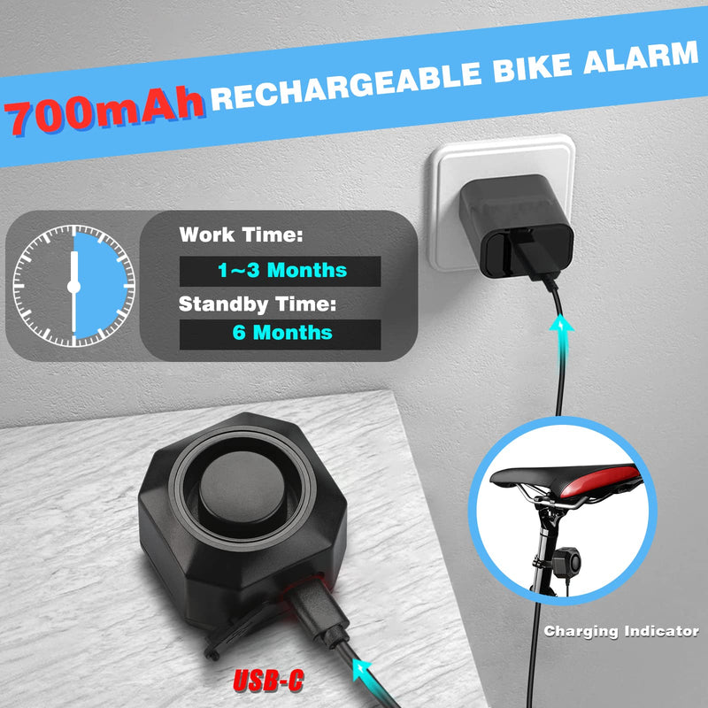 WSDCAM USB Rechargeable Bike Alarm with Remote 110dB Loud Volume Adjustable Wireless Vehicle Security Alarm System Anti Theft Vibration Motion Sensor Alarm for Car Trailer Motorcycle Scooter Ebike