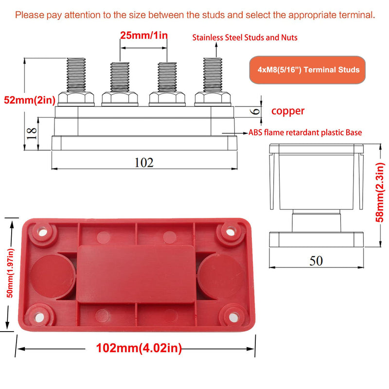 Bus Bar Copper 12V 300A Power Distribution Blocks 4X 5/16" (M8) Terminals Studs 12 Volt Marine Bus Bar Positive & Negative for Car Boat RV Automotive PV Solar System, Red& Black 2 Pack 300A 4X5/16"( M8) Black&Red