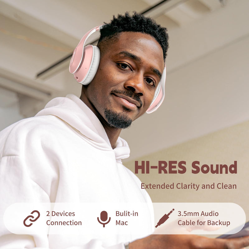 [AUSTRALIA] - Wireless Headphones Over Ear 65H Playtime HiFi Stereo Headset with Microphone and 6EQ Modes Foldable Bluetooth V5.3 Headphones for Travel Smartphone Computer Laptop Rose Gold WH207A 