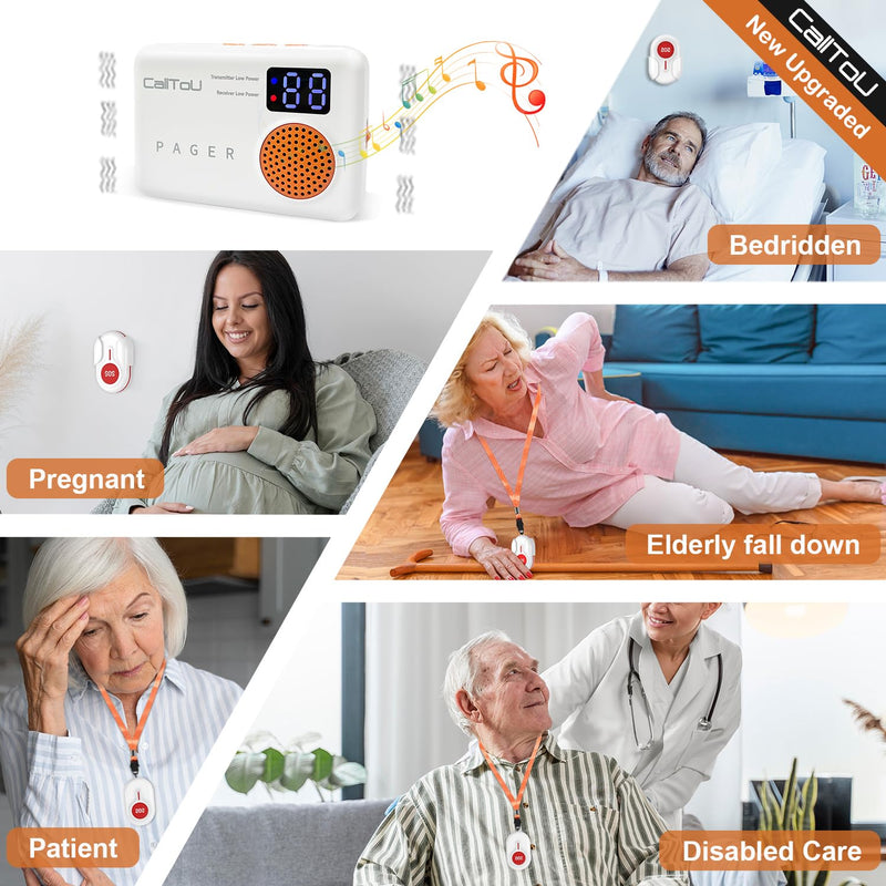 CallToU Caregiver Pager Wireless Call Button 1000FT for Elderly Monitoring Vibration Call Bell Medical Alert System with Digital Display Low Power Reminder 2 Portable Receiver 2 SOS Call Button 2 Call Button + 2 Receiver
