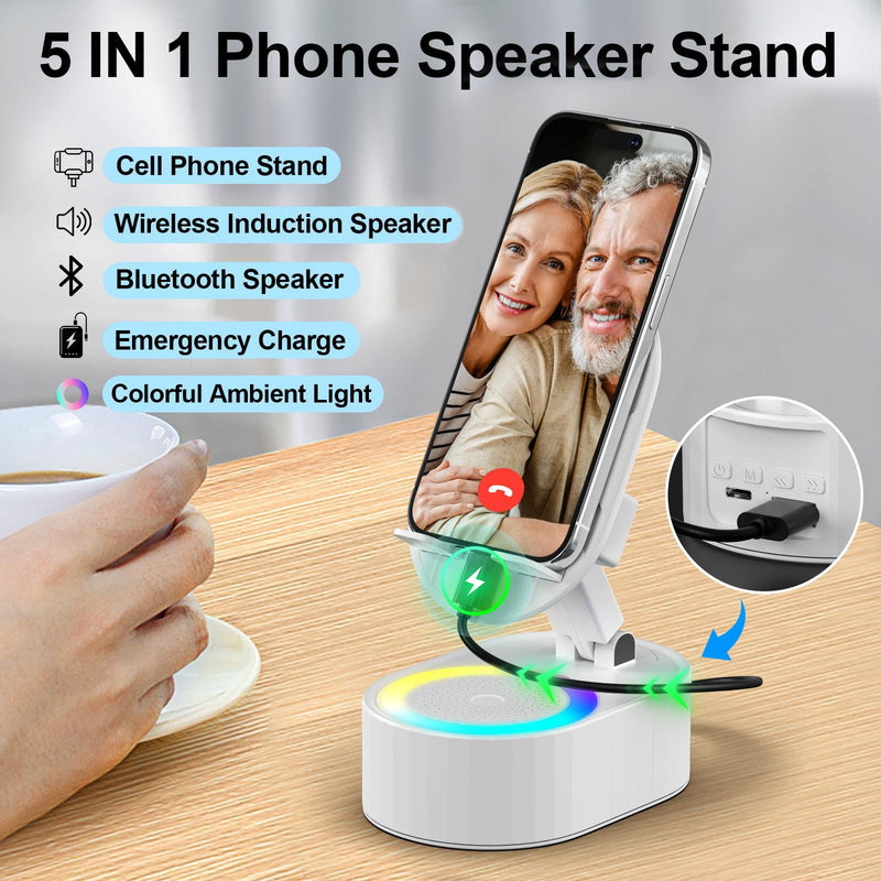 [AUSTRALIA] - Wireless Induction Audio Bluetooth Speaker 5in1 Phone Holder Emergency Rechargeable (3000mAh) with Colorful Ambient Light 300° Foldable for Tablet iPhone Android, Gifts for Men Women (White) White 