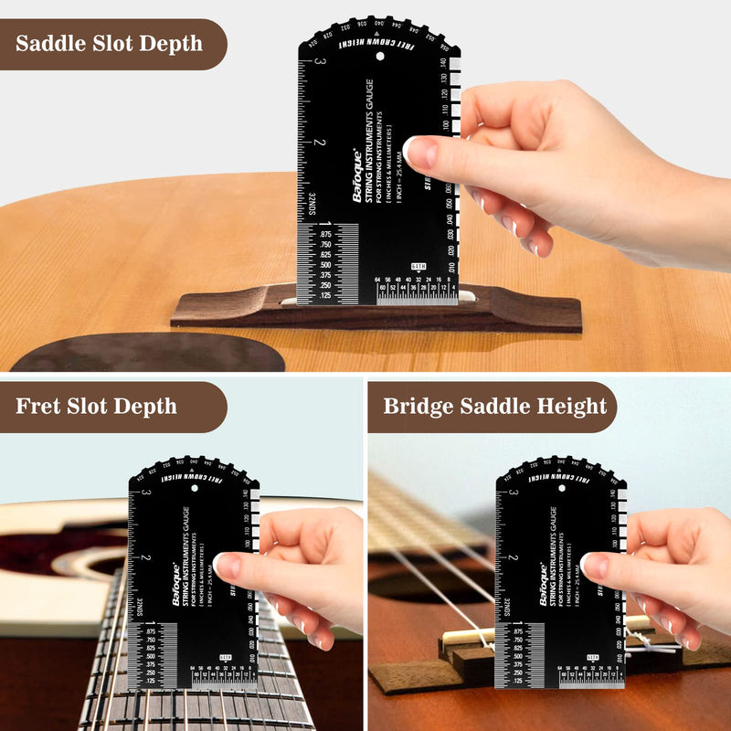 String Action Gauge Ruler, Guitar Set Up Gauge,Multifunctional Guitar Fret Rocker Luthier Tool with Thick Leather Case,Precise Etched, Polished Edge (Inch and Metric) Black