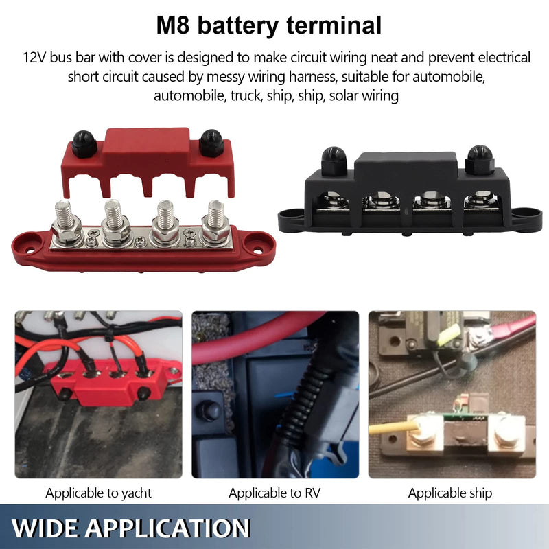 PACEWALKER BusBar Box with 4 x M8 Connection Bolts High Performance Module 12V-48V DC Power Distribution Block Grounding Current for Car RV Boat Yacht 2pcs 250A (Black Red)