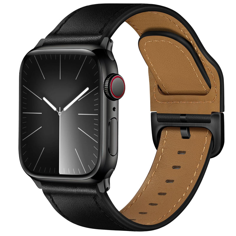 Compatible with Apple Watch Bands 42mm (Series 10) 41mm 40mm 38mm for Men Women, Top Grain Genuine Leather Band Strap Wristband for iWatch, Black/Black+Black/Titanium