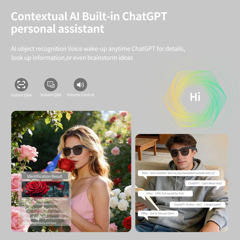 Smart Glasses with Camera, 8MP HD Anti-Shake Camera Glasses, 1080P Video Recording Dual Mic Sunglasses, Real Time Translation, Built-in ChatGPT Voice Assistant, Open-Ear Audio for Travel&Outdoor