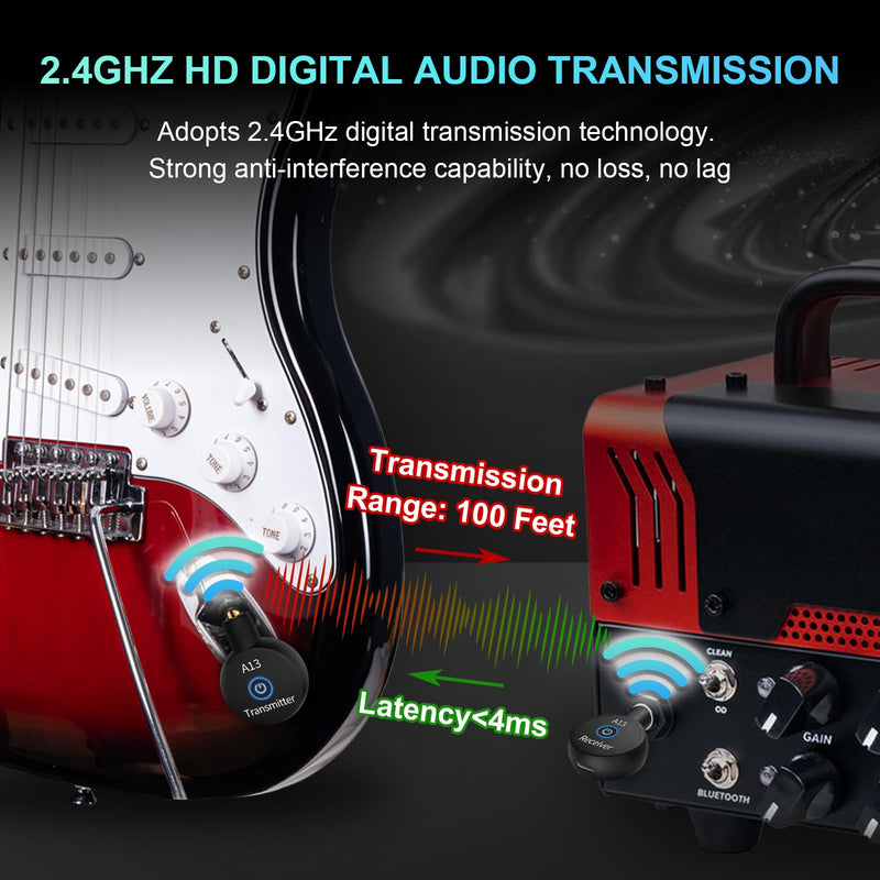 A13 Wireless Microphone Transmitters Receivers, Microphones Guitar System, 2.4GHz Guitar Accessories, No Latency, 100ft Range, Rechargeable 5-Hour Battery, Plug & Play (1TX+1RX) 1TX+1RX