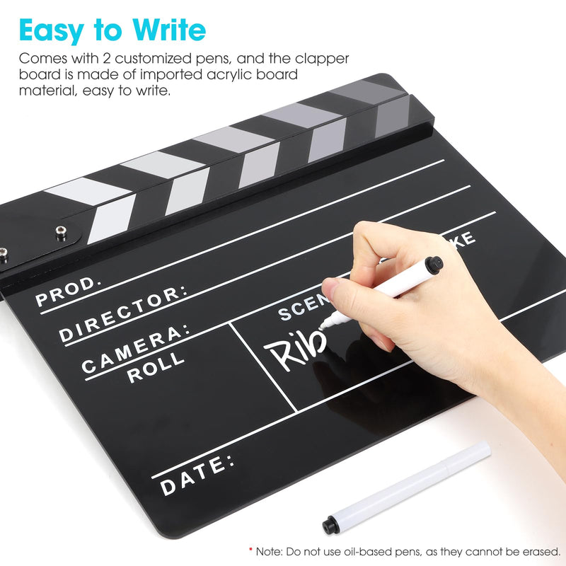 Film Directors Clapboard, Move Slate Photography Video TV Cut Action Scene Acrylic Clapper Board Props with a Magnetic Blackboard Eraser, Two Custom Pens, Cleaning Cloth and Hex Wrench (Black) Black