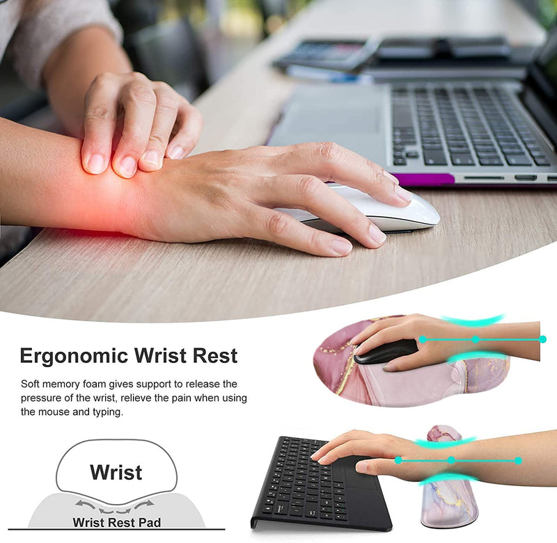 Keyboard Wrist Rest and Mouse Pad Wrist Support, Ergonomic Mouse Pads Memory Foam Mouse Pad for Gaming and Office, Pain Relief Mouse Pad and Wrist Support Set Pink Marble