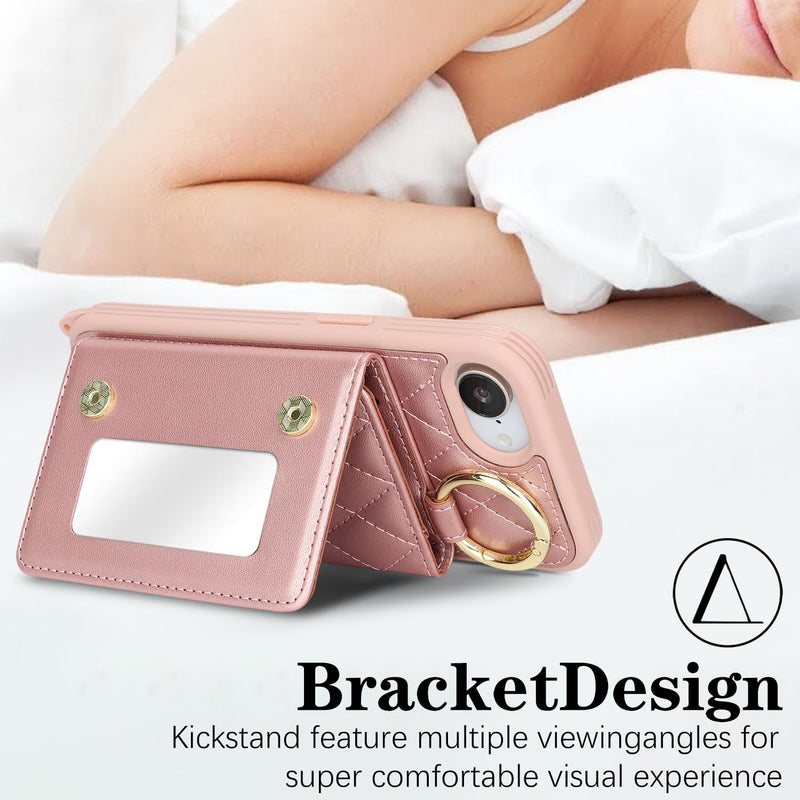 for iPhone 17e / 16e Case with Card Holder and Strap for Women,Crossbody Lanyard, Make Up Mirror,Ring Stand,Snap Clasp,Cute Phone Wallet Cases 6.1 inch - Dark Rose Gold (Pack of 2) for iPhone 17e / 16e 6.1 (Pack of 2)
