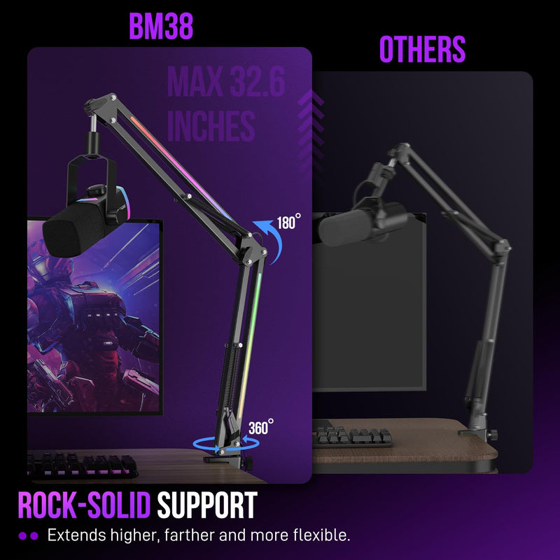 FIFINE Microphone Boom Arm, Metal Mic Arm Stand with RGB Control, 3/8” to 5/8” Screw Adapter, Desk Mount Clamp, Suspension Scissor Microphone Stand for Gaming Streaming-AmpliGame BM38 Black