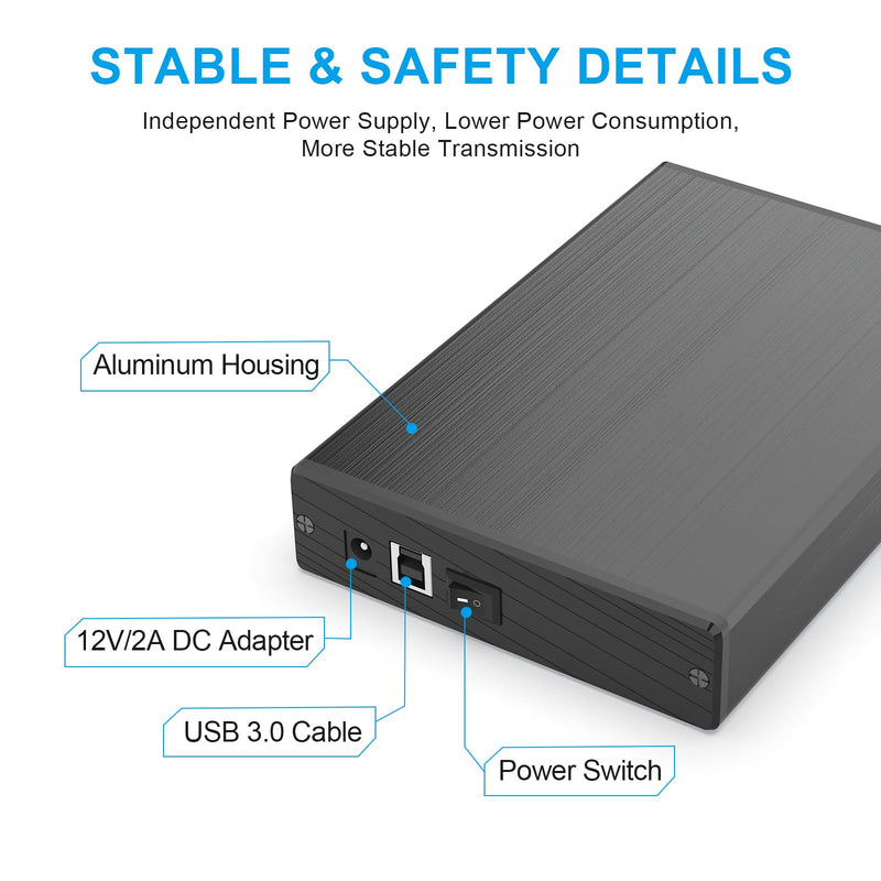 USB 3.0 to 3.5 Inch Hard Drive Enclosure, Vertical External Hard Drive Docking with Stand for 3.5 inch SATA HDD SSD, Aluminum Alloy Drive Case Support Up to 12TB with UASP,Power Adapter 3.5" SATA Enclosure-Black