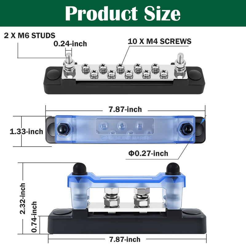Ground Bus Bar 12V Marine 150A Battery Terminal Block Waterproof 2Pcs | Power Distribution Block with 2 x M6 Post,10 x M4 Terminal Screws Negative Buss Bar for RV 10 Screws Bus Bar
